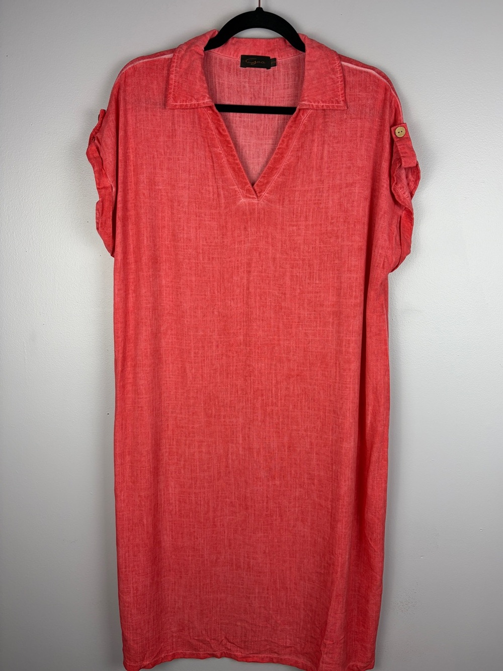 Goa Coral Linen Blend Roll Tab Sleeve Shift Dress Medium